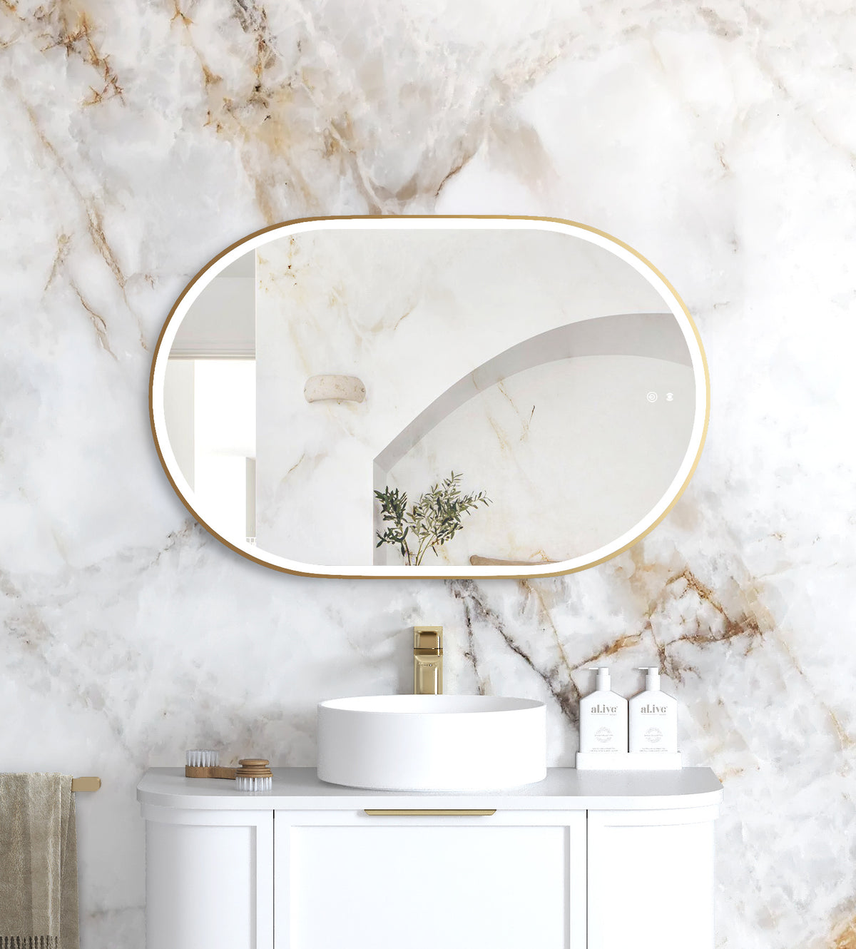 LED Noosa 900(H)x600(W) Gold Metal Frame Tuffi Mirror, Install Horizontal or Vertical main view
