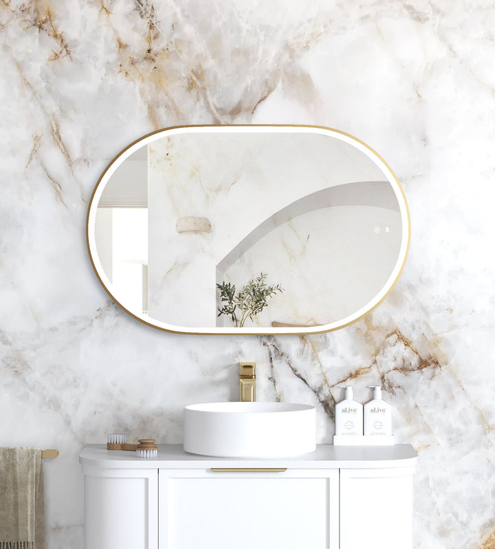 LED Noosa 900(H)x600(W) Gold Metal Frame Tuffi Mirror, Install Horizontal or Vertical main view
