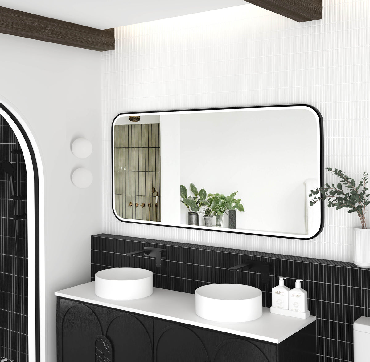 LED Newport 1500(W)x750(H) Black Metal Frame Tuffi Mirror, Install Horizontal or Vertical view 2