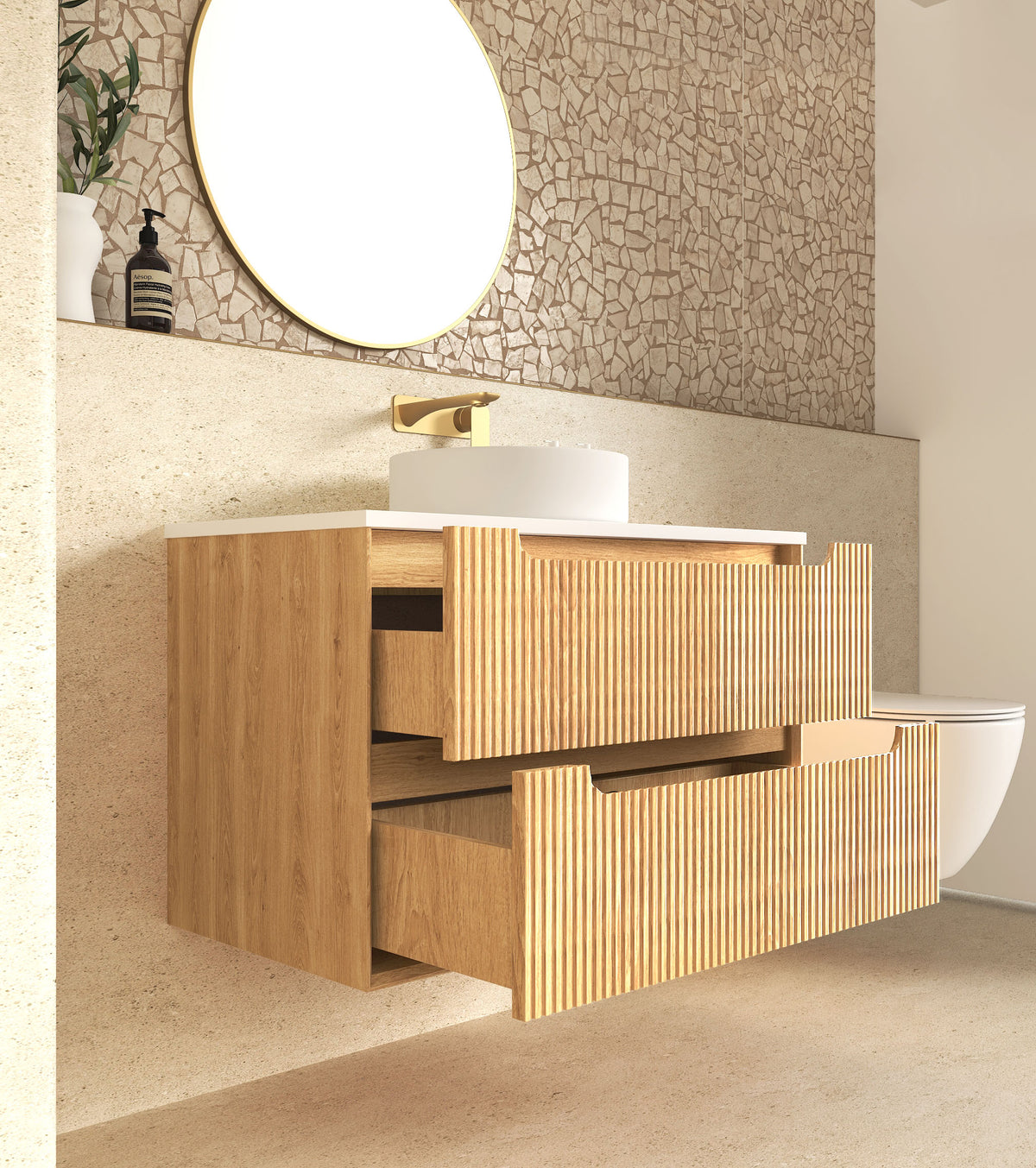 Byron Fluted 900mm Woodland Oak Wall Hung Vanity