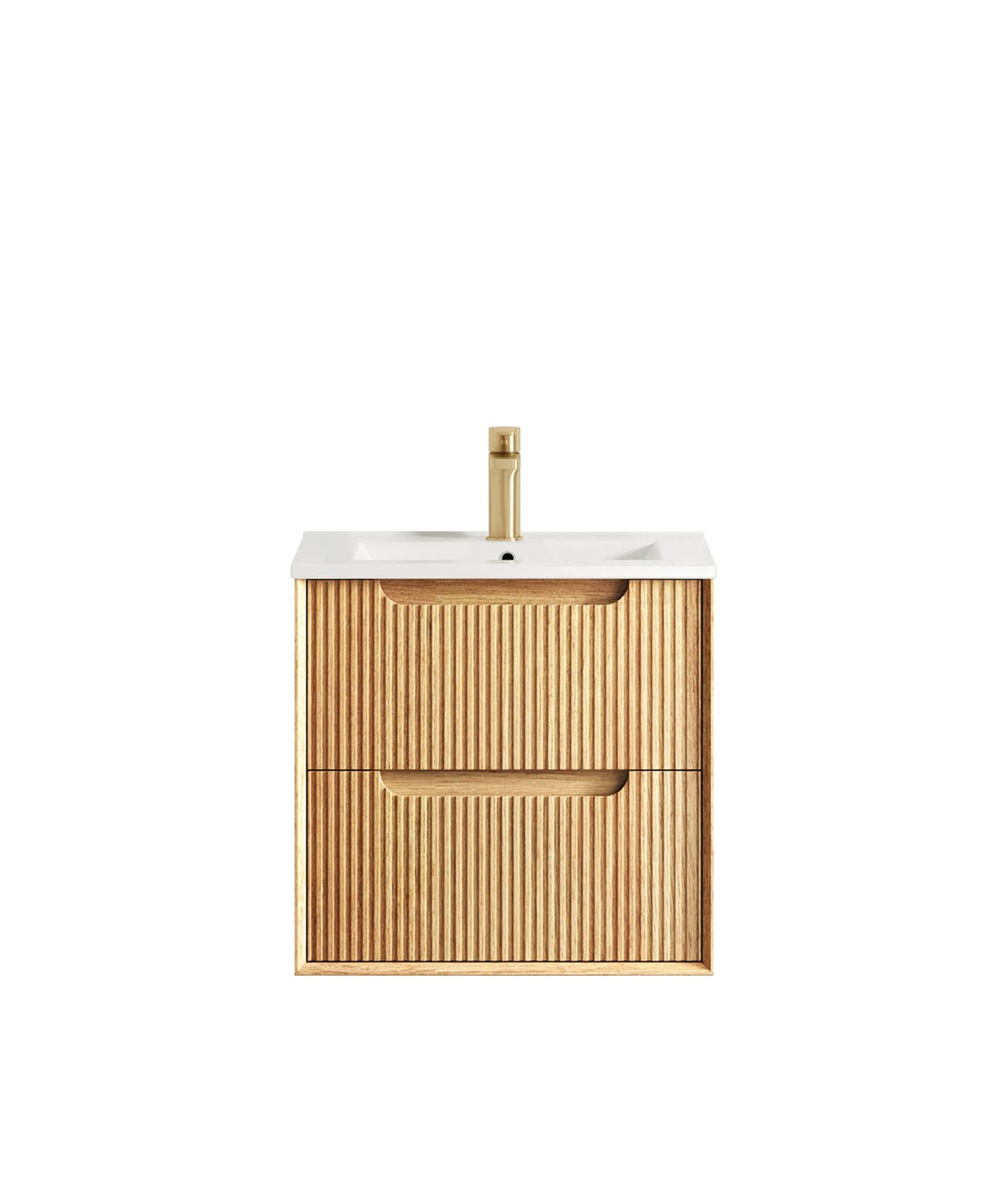 Byron Fluted 600mm Woodland Oak Wall Hung Vanity - Slimline Ceramic Top (Gloss white)