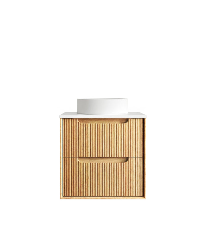 Byron Fluted 600mm Woodland Oak Wall Hung Vanity - Ultra Delux Stone Top (Silica Free Pure White)