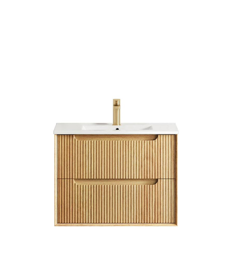 Byron Fluted 750mm Woodland Oak Wall Hung Vanity - Slimline Ceramic Top (Gloss white)