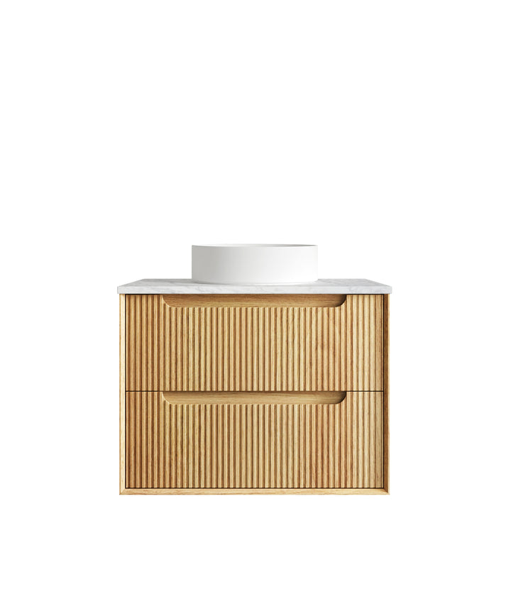 Byron Fluted 750mm Woodland Oak Wall Hung Vanity - Ultra Delux Stone Top (Silica Free Cloudy Carrara)