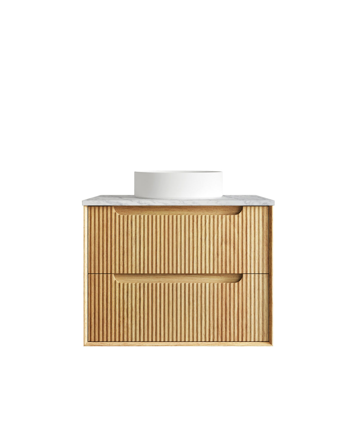 Byron Fluted 750mm Woodland Oak Wall Hung Vanity - Natural Marble Top (Natural Carrara Marble)
