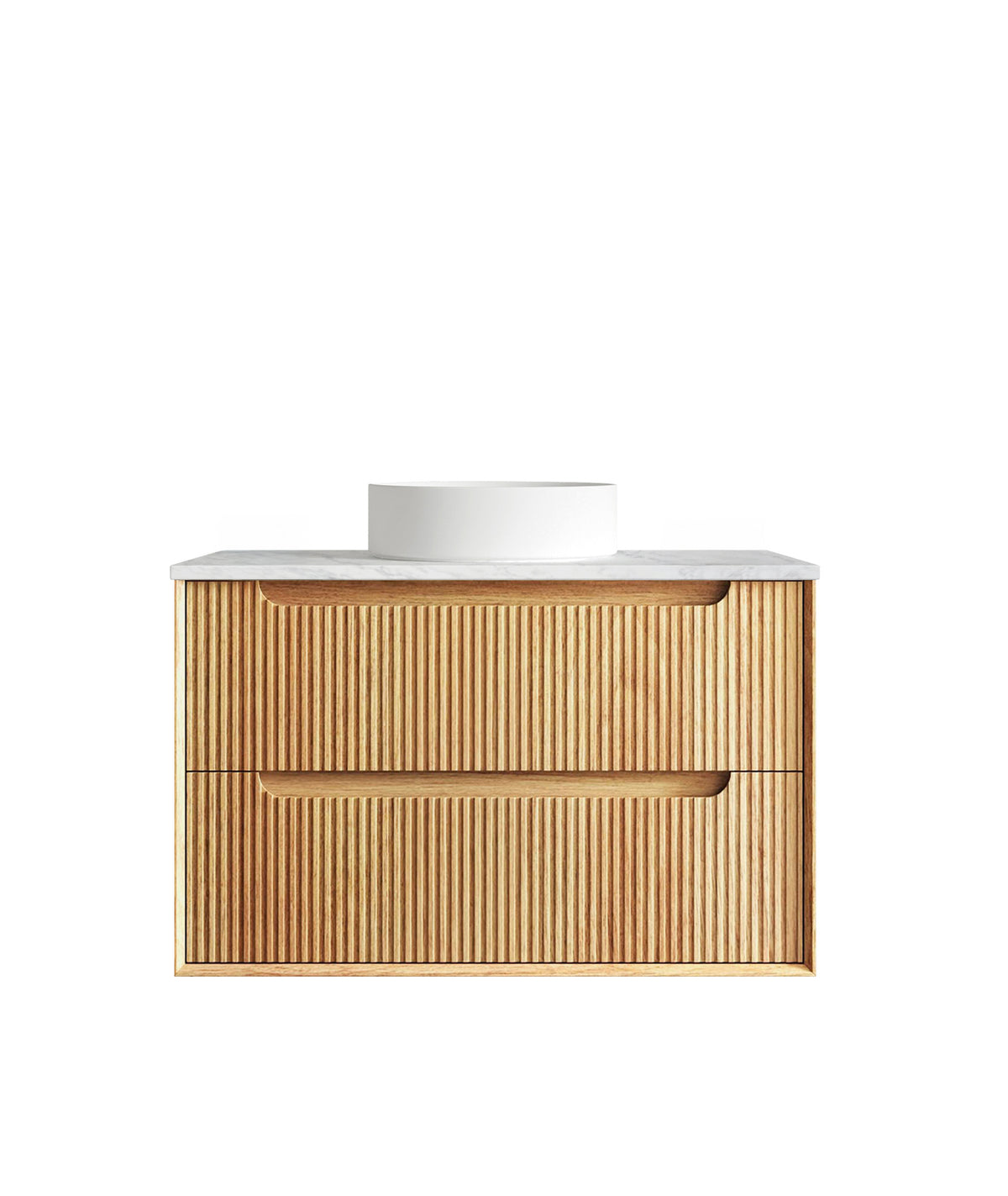 Byron Fluted 900mm Woodland Oak Wall Hung Vanity - Ultra Delux Stone Top (Silica Free Cloudy Carrara)