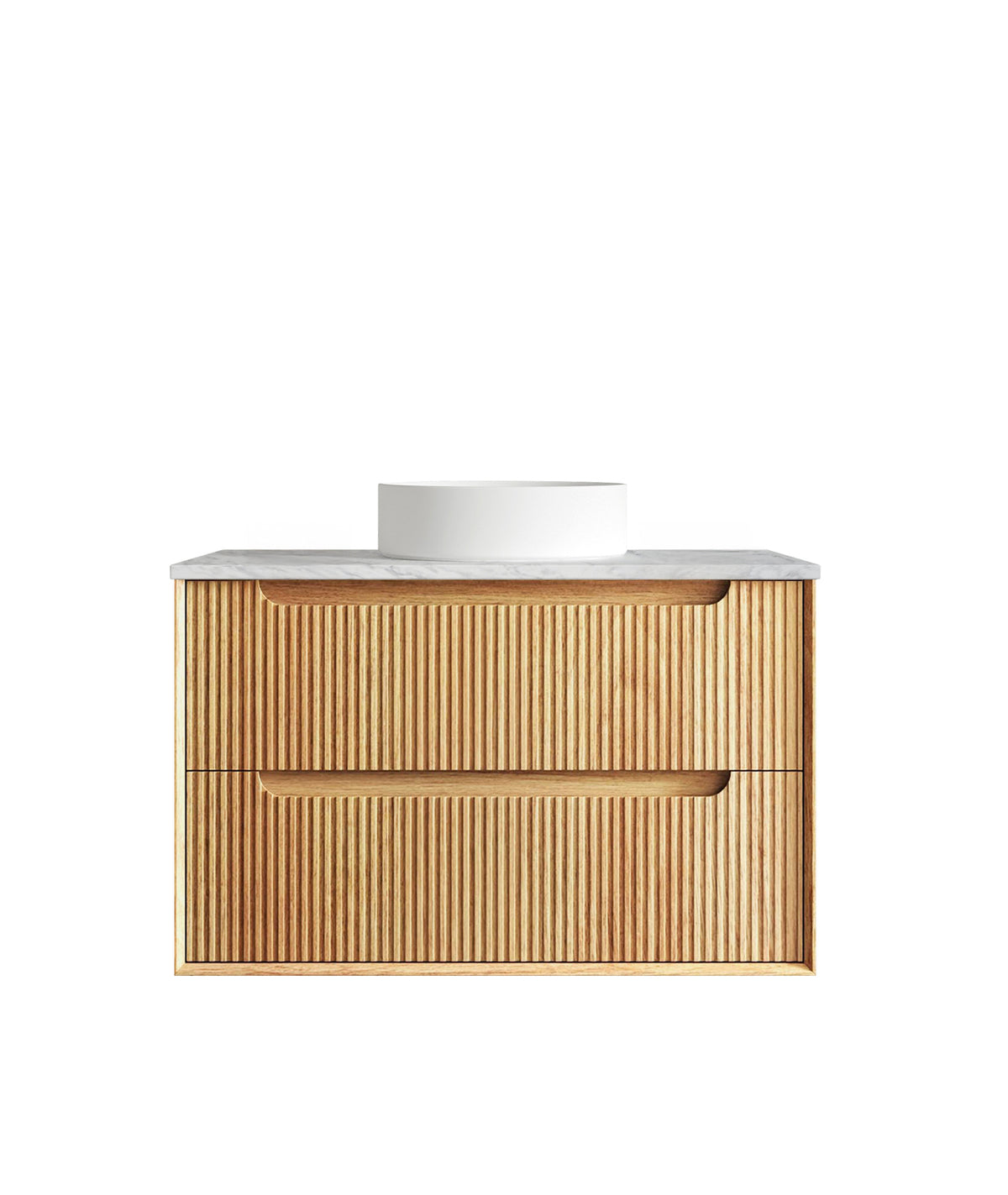 Byron Fluted 900mm Woodland Oak Wall Hung Vanity - Natural Marble Top (Natural Carrara Marble)