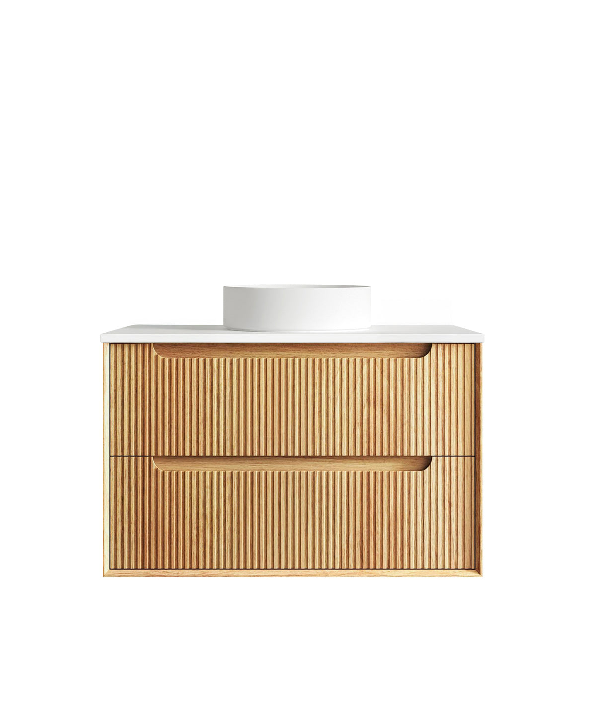 Byron Fluted 900mm Woodland Oak Wall Hung Vanity - Ultra Delux Stone Top (Silica Free Pure White)