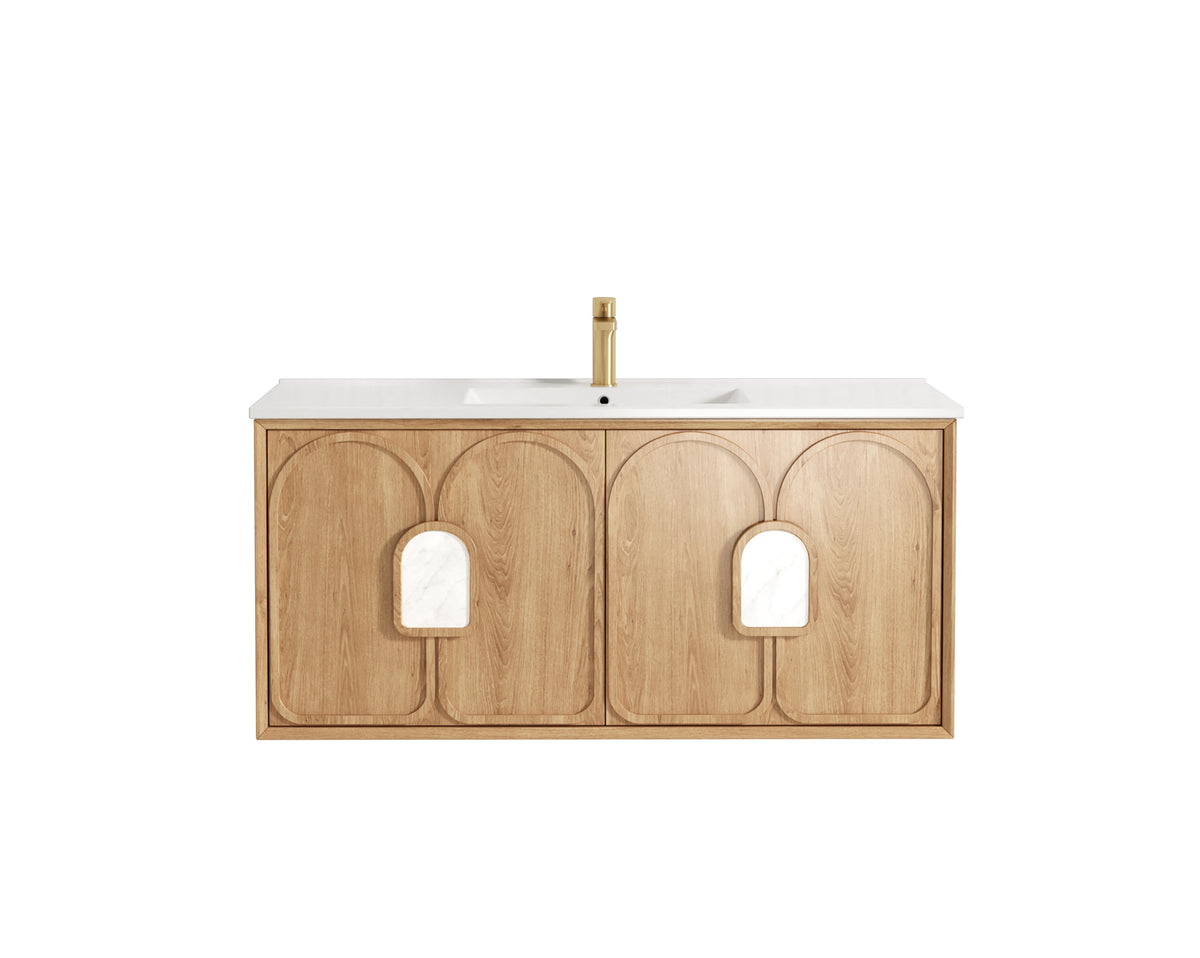 Laguna Mark II 1200mm Woodland Oak Wall Hung Vanity - Slimline Ceramic Top (Gloss white)