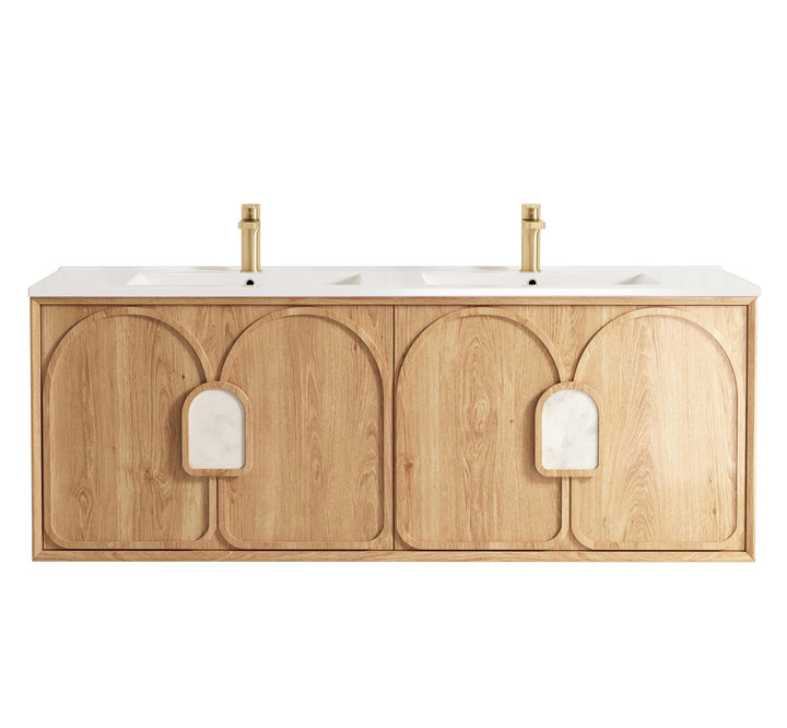 Laguna Mark II 1500mm Woodland Oak Wall Hung Vanity - Slimline Ceramic Top (Gloss white)