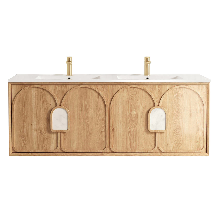 Laguna Mark II 1500mm Woodland Oak Wall Hung Vanity - Slimline Ceramic Top (Gloss white)
