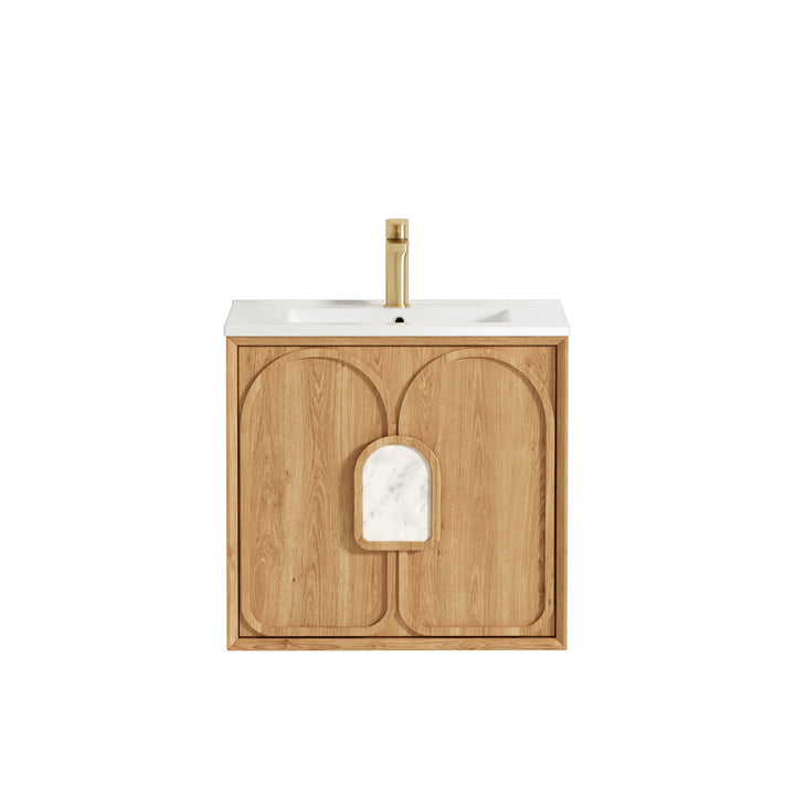 Laguna Mark II 600mm Woodland Oak Wall Hung Vanity - Slimline Ceramic Top (Gloss white)