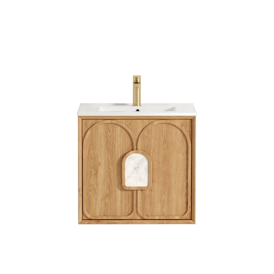 Laguna Mark II 600mm Woodland Oak Wall Hung Vanity - Slimline Ceramic Top (Gloss white)