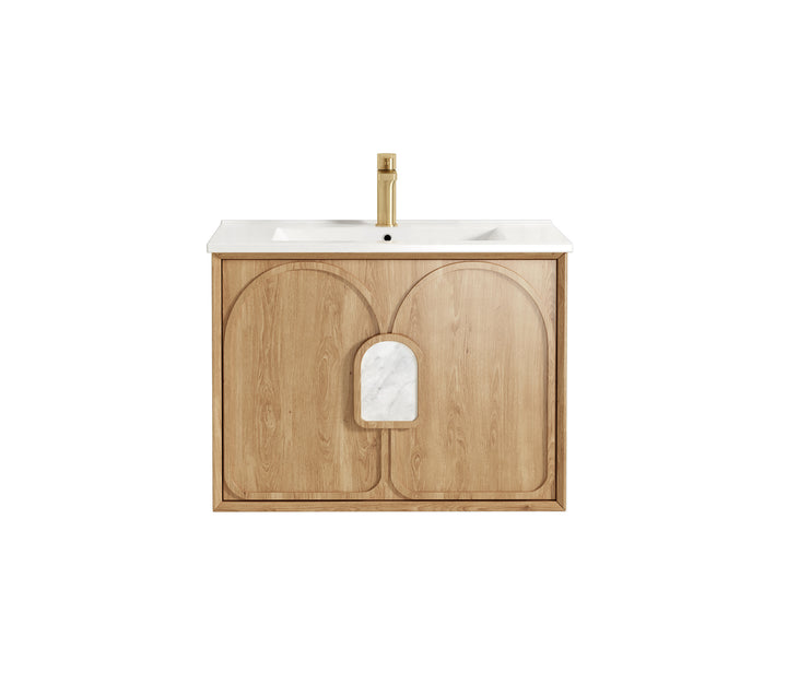 Laguna Mark II 750mm Woodland Oak Wall Hung Vanity - Slimline Ceramic Top (Gloss white)