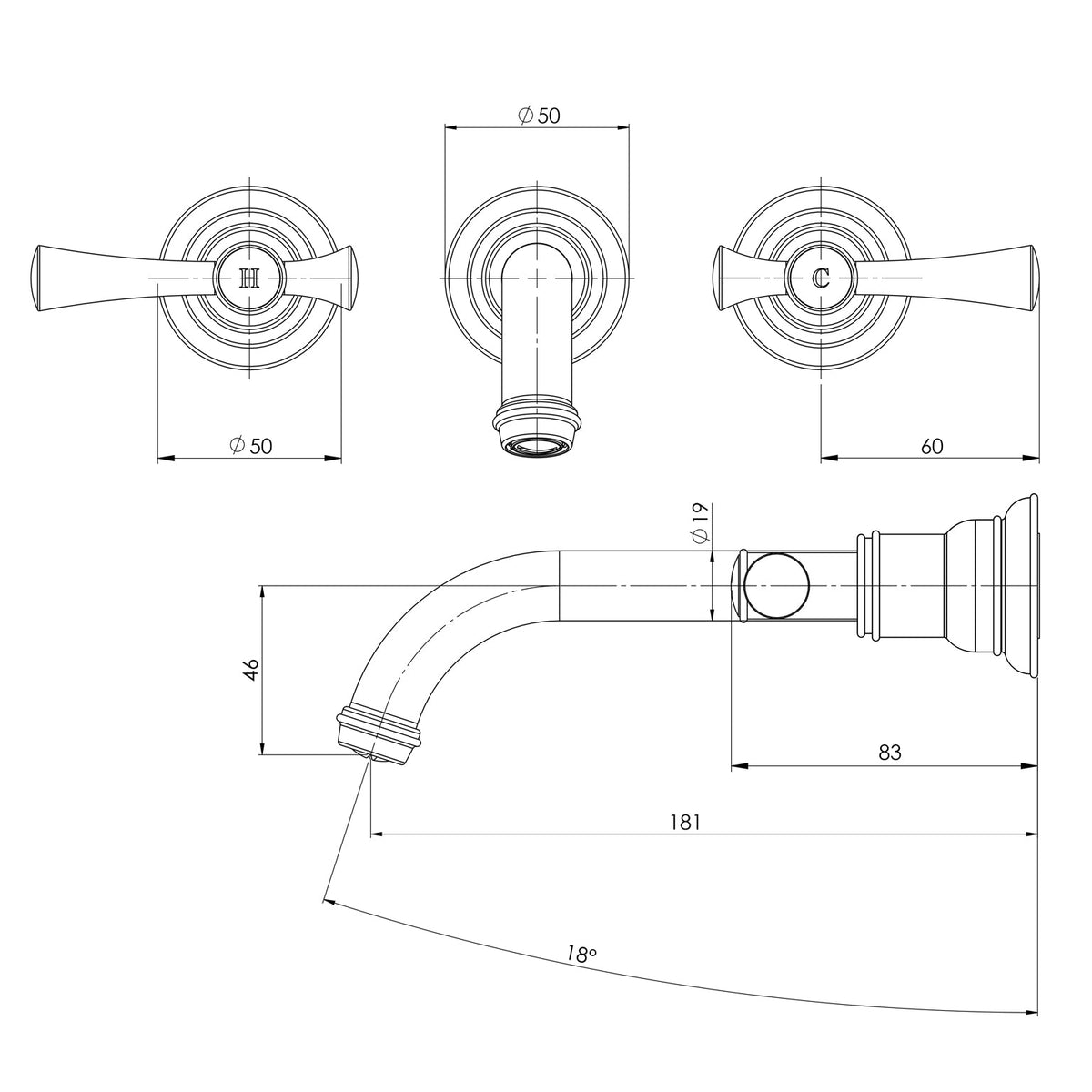 Specification diagram - Cromford Wall Basin/Bath Set 180mm