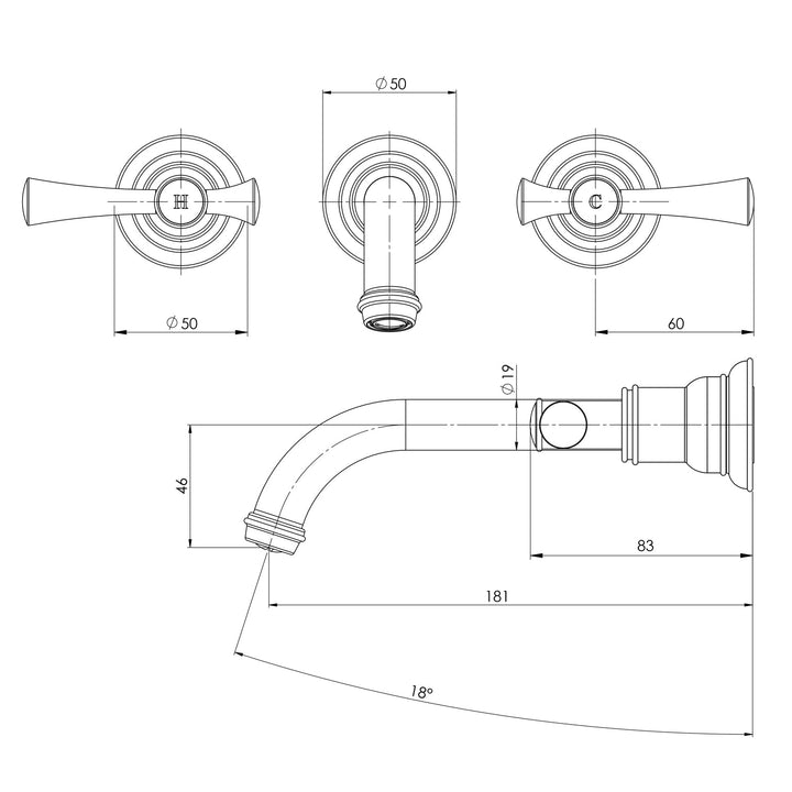 Specification diagram - Cromford Wall Basin/Bath Set 180mm