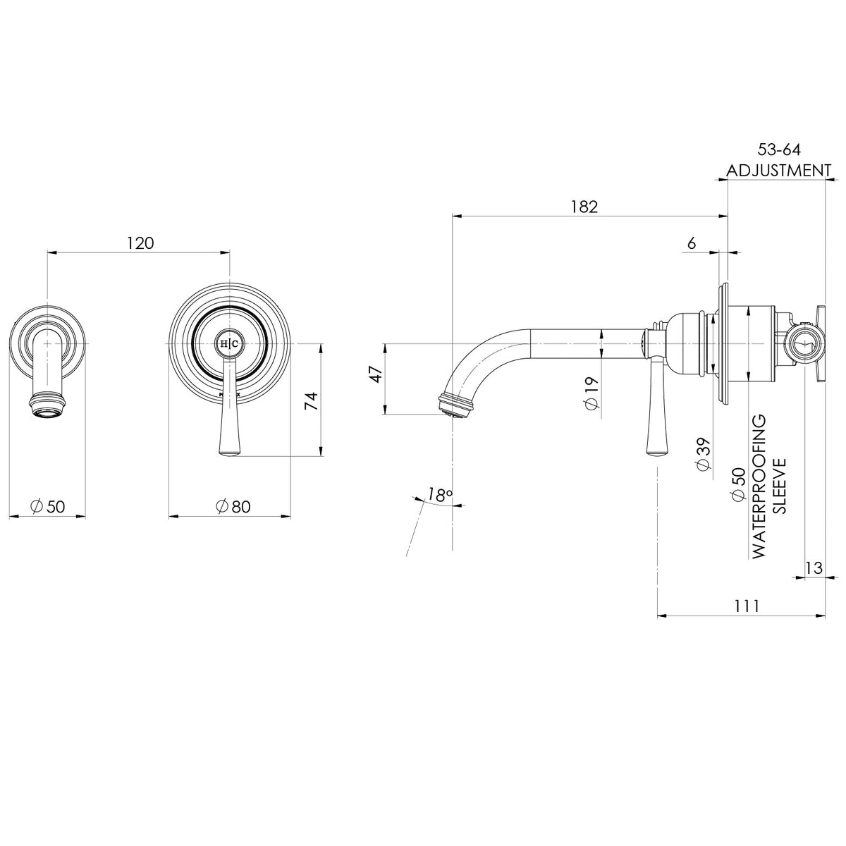 Specification diagram - Cromford SwitchMix Wall Basin/Bath Mixer Set 180mm Trim Kit Only