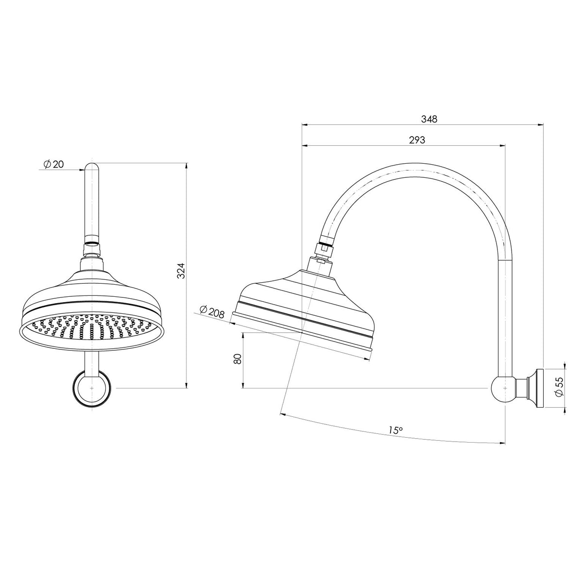 Specification diagram - Cromford High Rise Shower Arm &amp; Rose 210mm