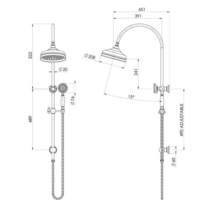 Specification diagram - Cromford Twin Shower 210mm Rose