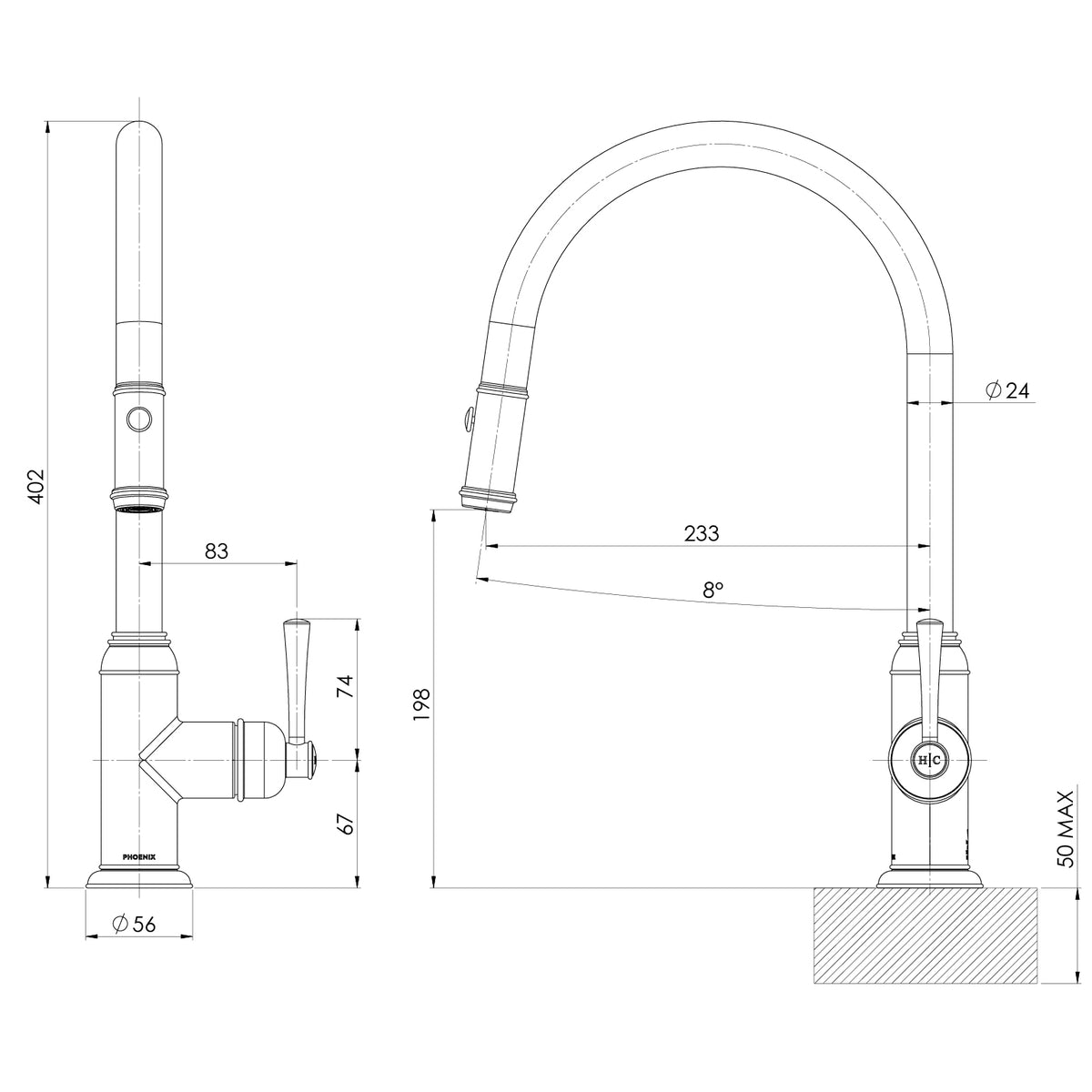 Specification diagram - Cromford Pull Out Sink Mixer