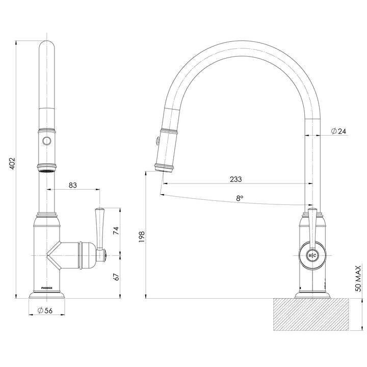 Specification diagram - Cromford Pull Out Sink Mixer