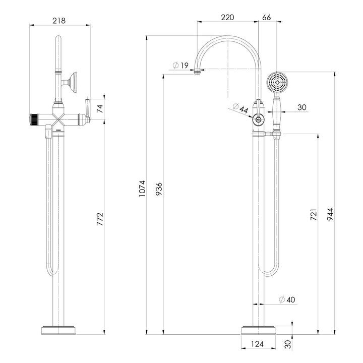 Specification diagram - Cromford Floor Mounted Bath Mixer With Handshower
