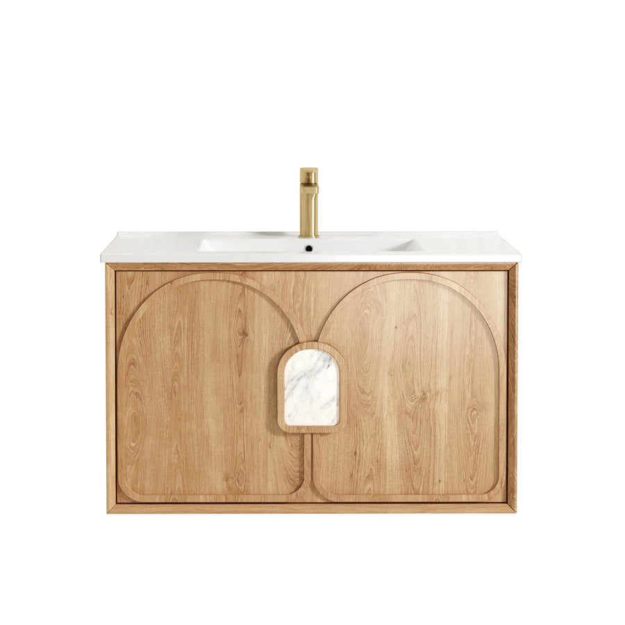 Laguna Mark II 900mm Woodland Oak Wall Hung Vanity - Slimline Ceramic Top (Gloss white)