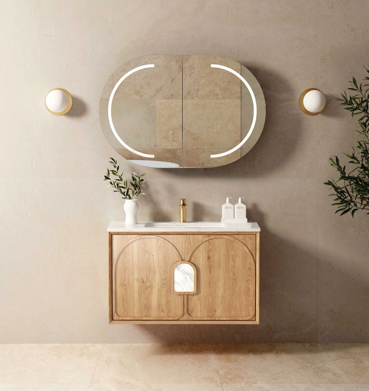 Laguna Mark II 900mm Woodland Oak Wall Hung Vanity - Under Mount Stone Top (Natural Carrara Marble)