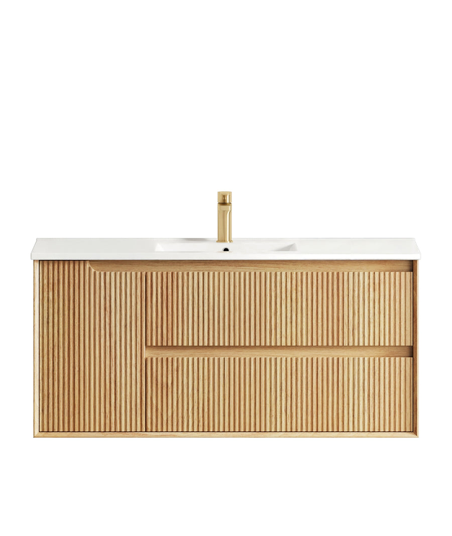 Byron Fluted 1200mm Woodland Oak Wall Hung Vanity - Slimline Ceramic Top (Gloss white)