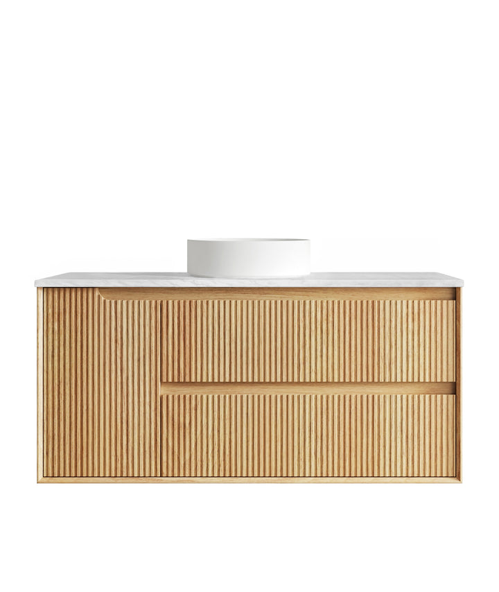 Byron Fluted 1200mm Woodland Oak Wall Hung Vanity - Ultra Delux Stone Top (Silica Free Cloudy Carrara)