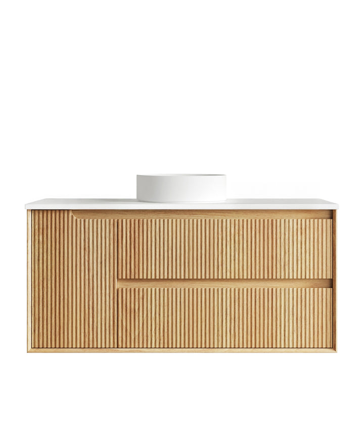 Byron Fluted 1200mm Woodland Oak Wall Hung Vanity - Ultra Delux Stone Top (Silica Free Pure White)