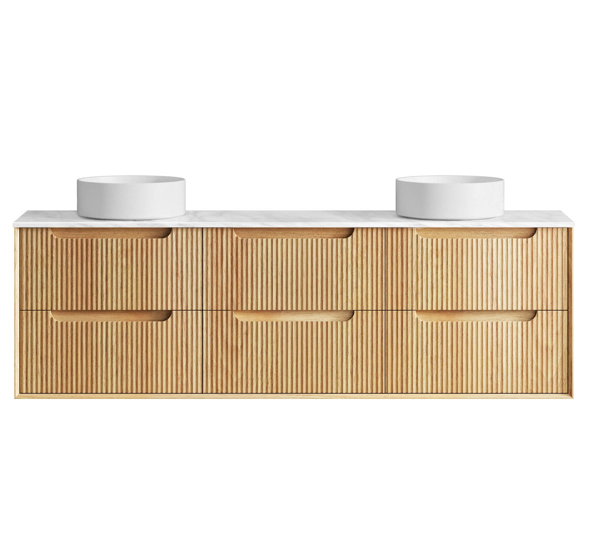 Byron Fluted 1800mm Woodland Oak Wall Hung Vanity - Ultra Delux Stone Top (Silica Free Cloudy Carrara)