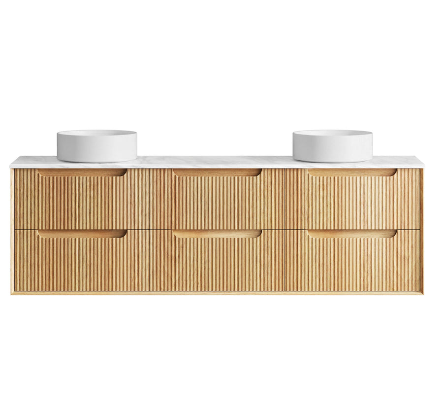 Byron Fluted 1800mm Woodland Oak Wall Hung Vanity - Ultra Delux Stone Top (Silica Free Cloudy Carrara)