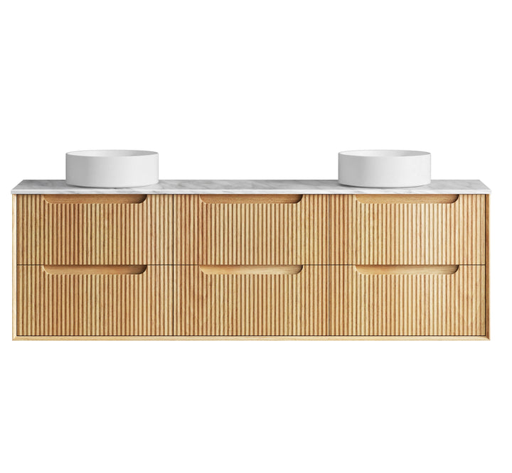 Byron Fluted 1800mm Woodland Oak Wall Hung Vanity - Natural Marble Top (Natural Carrara Marble)