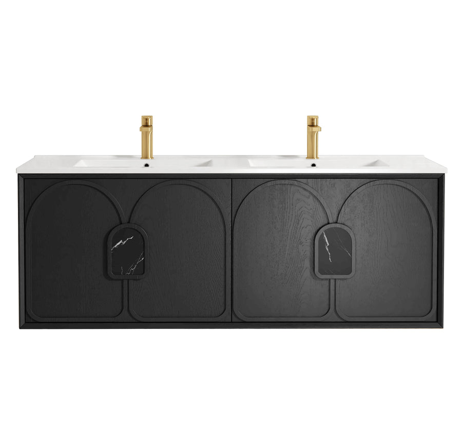 Laguna Mark II 1500mm Black Oak Wall Hung Vanity - Slimline Ceramic Top (Gloss white)