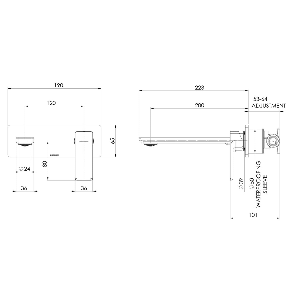 Specification diagram - Gloss MKII SwitchMix Wall Basin / Bath Mixer Set (Fit-Off Kit Only) - Lead Free