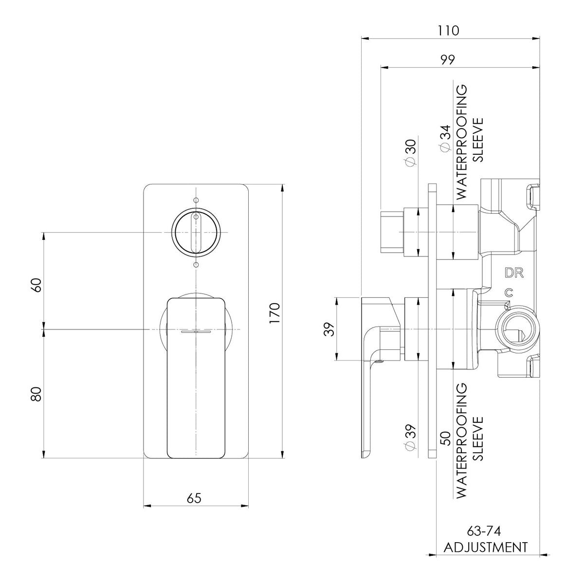 Specification diagram - Gloss MKII SwitchMix Shower / Bath Diverter Mixer (Fit-Off Kit Only)