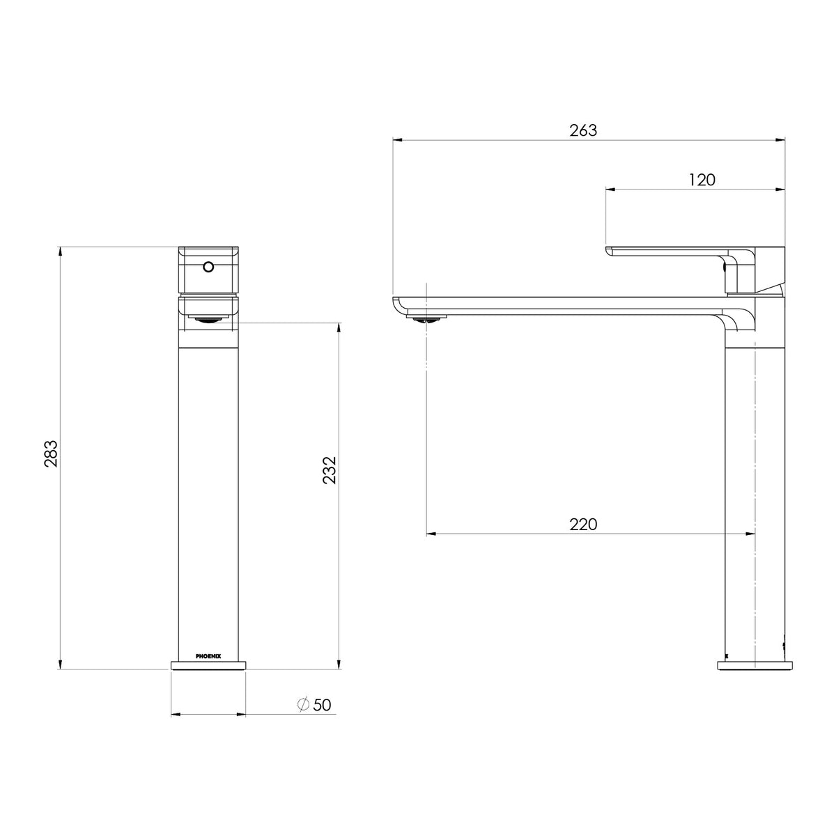 Specification diagram - Gloss MKII Sink Mixer 220mm