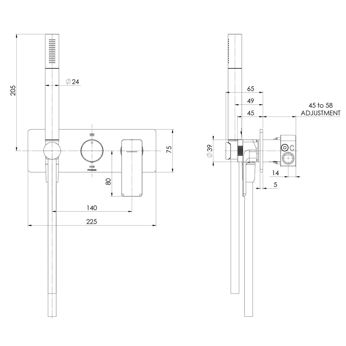 Specification diagram - Gloss MKII Wall Shower System