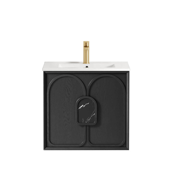 Laguna Mark II 600mm Black Oak Wall Hung Vanity - Slimline Ceramic Top (Gloss white)
