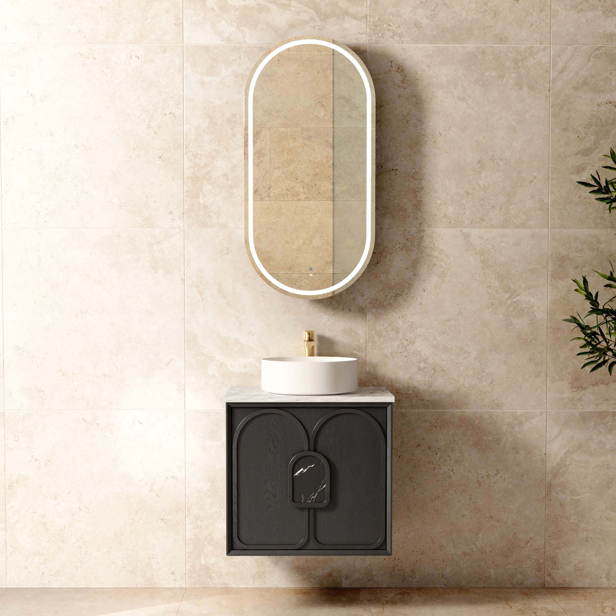 Laguna Mark II 600mm Black Oak Wall Hung Vanity - Natural Marble Top (Natural Carrara Marble)