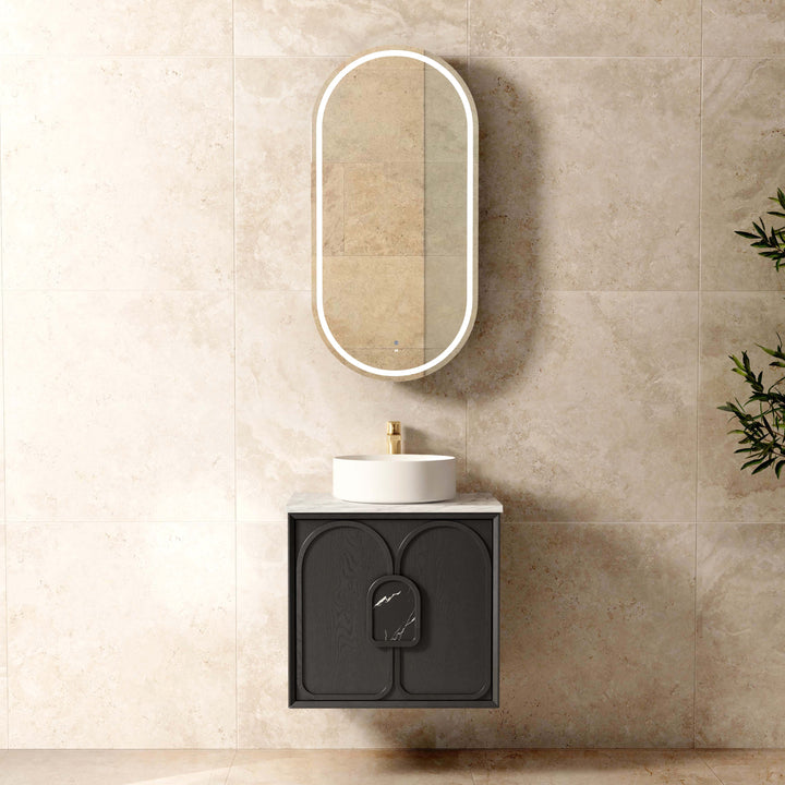 Laguna Mark II 600mm Black Oak Wall Hung Vanity - Natural Marble Top (Natural Carrara Marble)