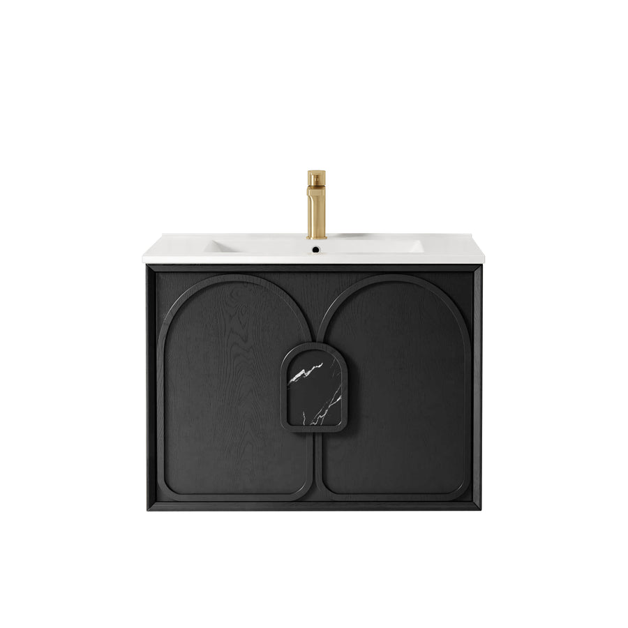 Laguna Mark II 750mm Black Oak Wall Hung Vanity - Slimline Ceramic Top (Gloss white)