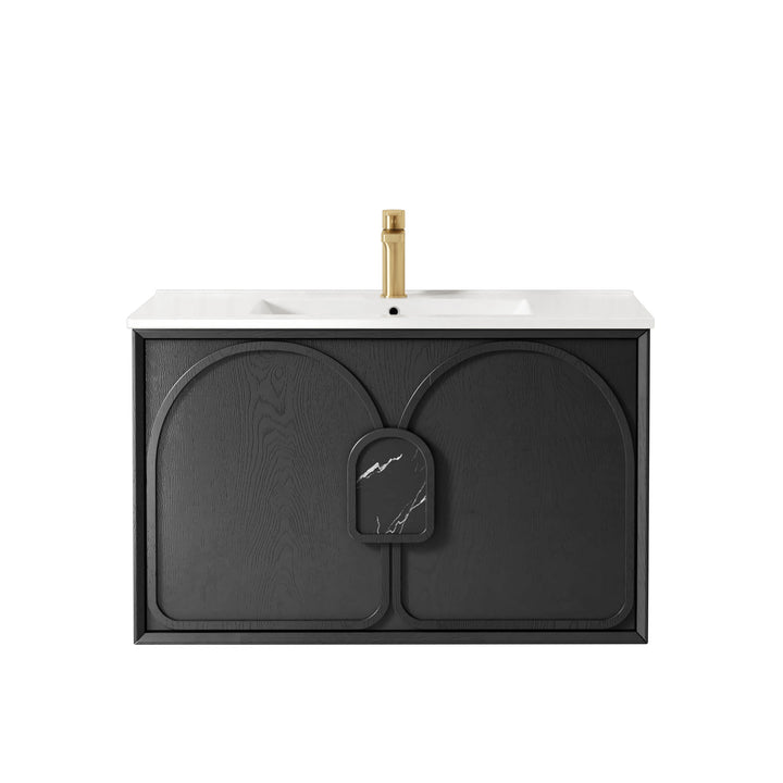 Laguna Mark II 900mm Black Oak Wall Hung Vanity - Slimline Ceramic Top (Gloss white)