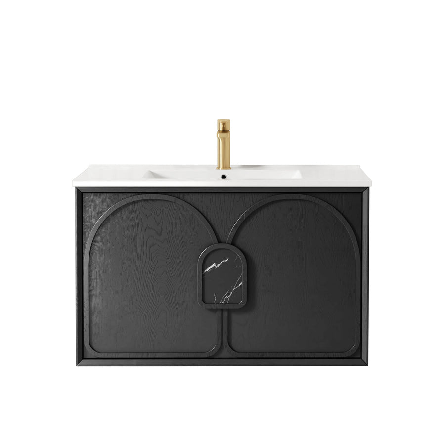 Laguna Mark II 900mm Black Oak Wall Hung Vanity - Slimline Ceramic Top (Gloss white)