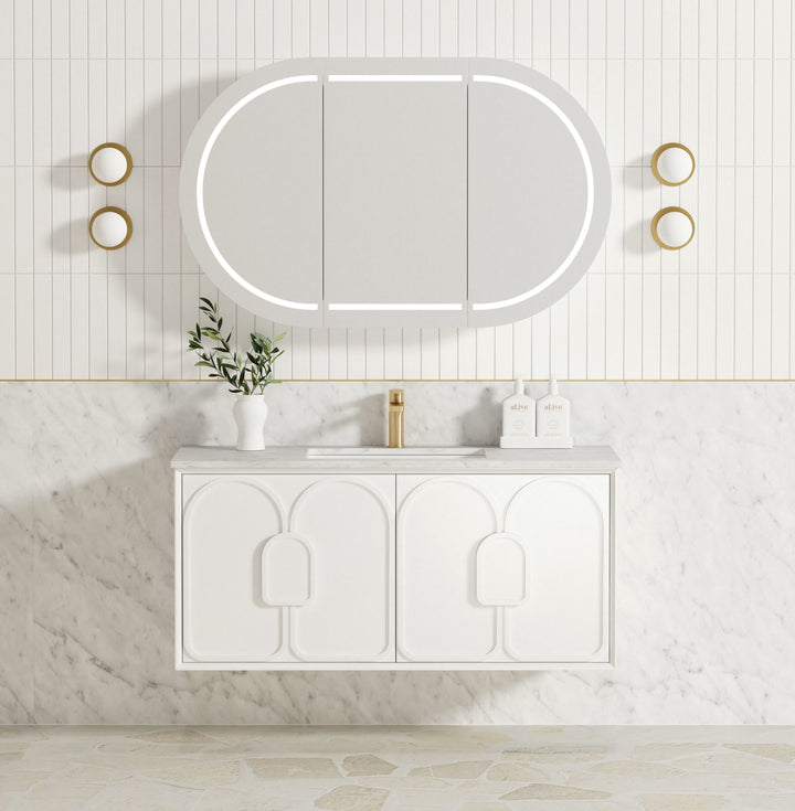 Laguna Mark II 1200mm Matte White Wall Hung Vanity - Under Mount Stone Top (Natural Carrara Marble)