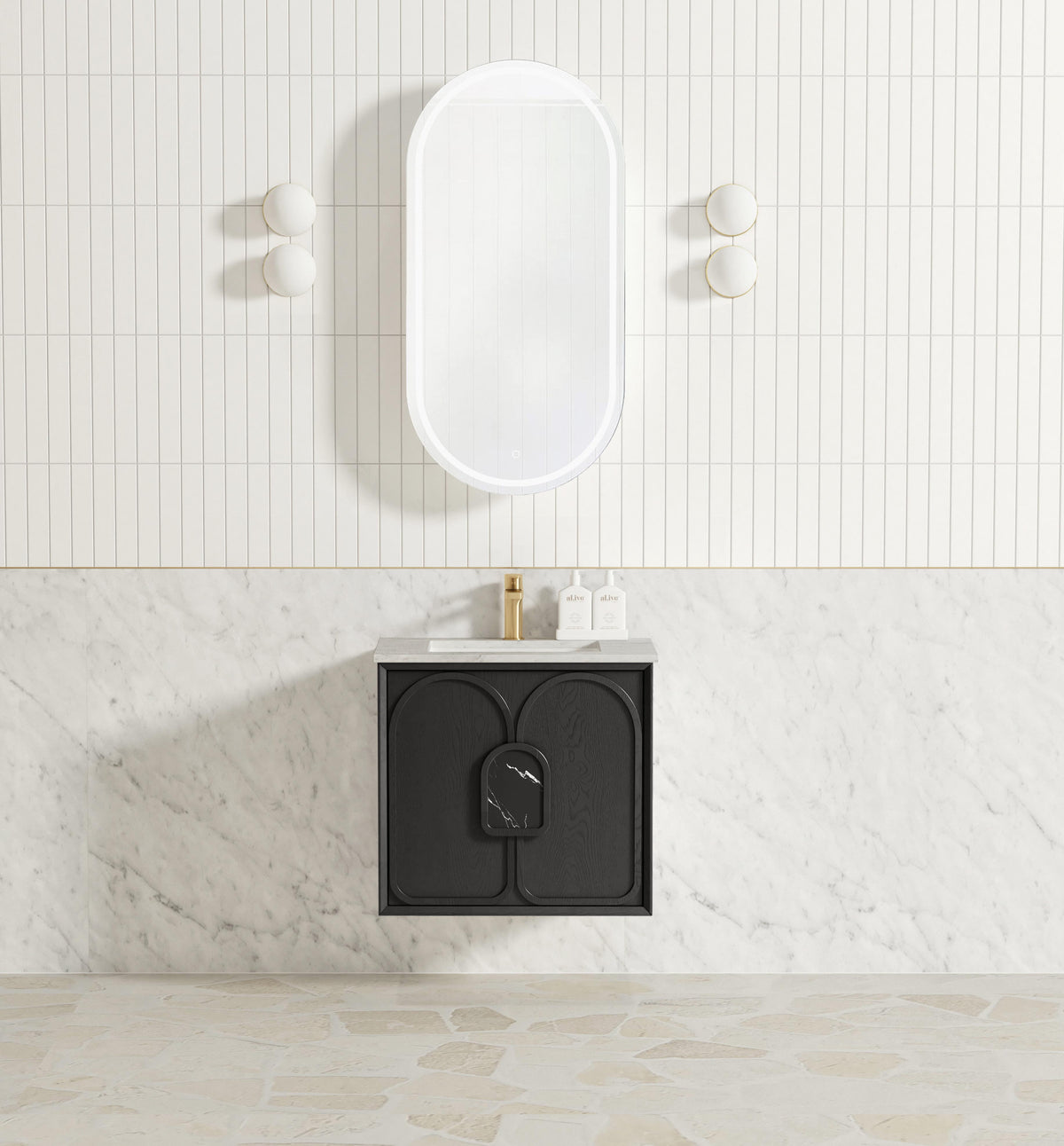 Laguna Mark II 600mm Black Oak Wall Hung Vanity - Under Mount Stone Top (Natural Carrara Marble)