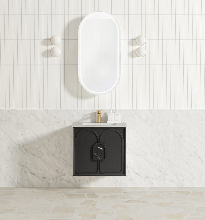 Laguna Mark II 600mm Black Oak Wall Hung Vanity - Under Mount Stone Top (Natural Carrara Marble)