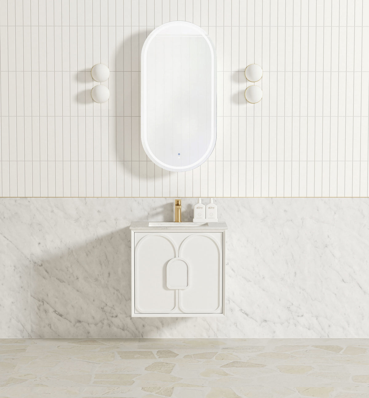 Laguna Mark II 600mm Matte White Wall Hung Vanity - Under Mount Stone Top (Natural Carrara Marble)