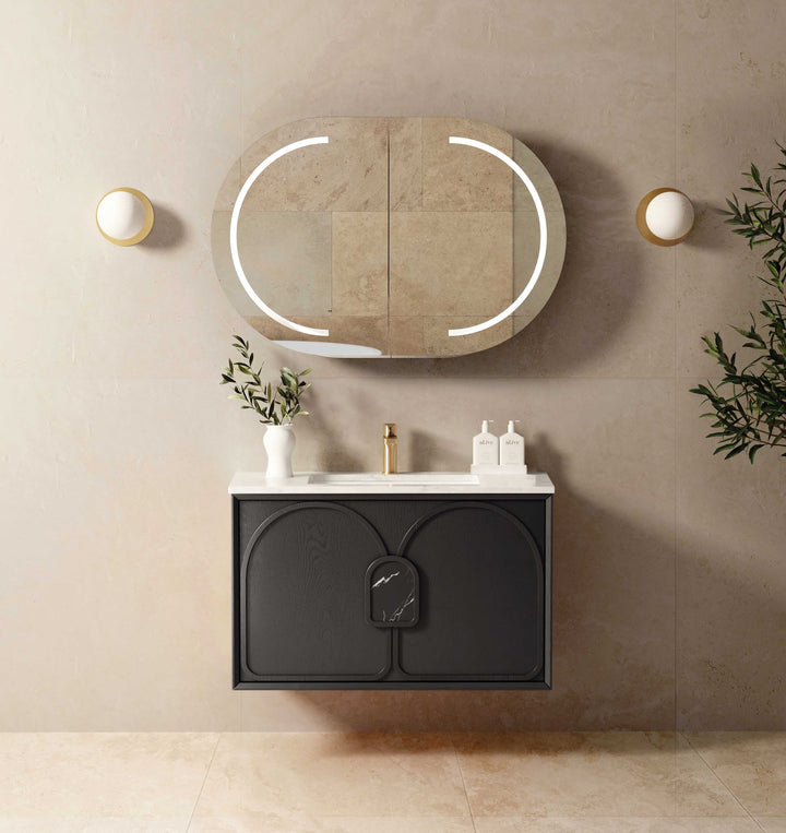 Laguna Mark II 900mm Black Oak Wall Hung Vanity - Under Mount Stone Top (Natural Carrara Marble)